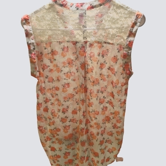 Floral Button Up Tank w/ Tie Front, Lace Shoulder & Draping Back MINT CONDITION - Picture 5 of 9